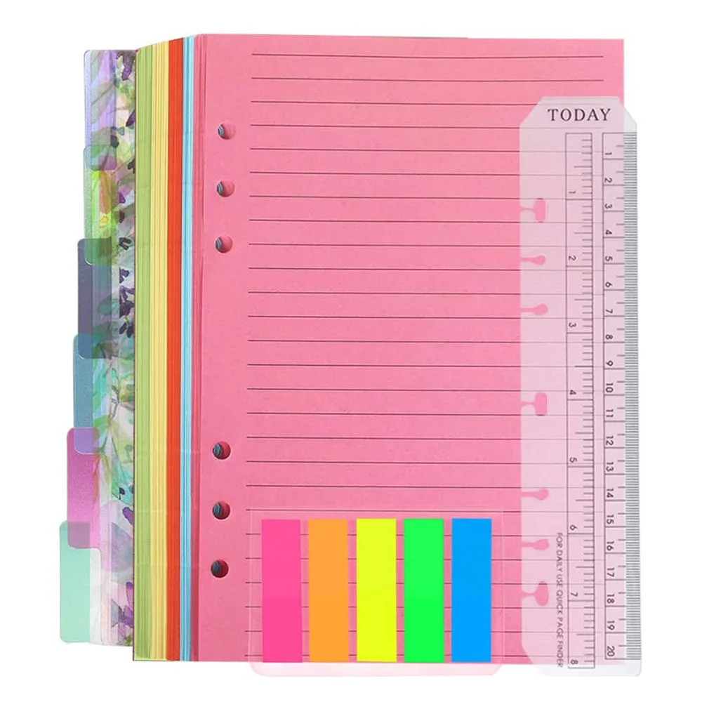 A6 caderno conjunto de 50 folhas 6 furos loose-leaf forrado papel de recarga 6 pces pvc binder index divisores régua e nota bandeiras índice guias