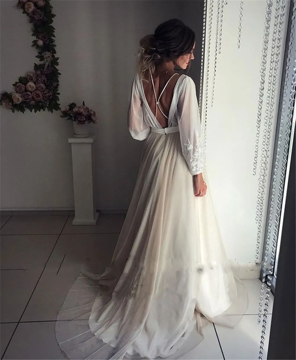 Tule boho vestido de casamento inchado mangas compridas vintage marfim renda apliques colher pescoço champanhe saia jardim vestido noiva personalizado