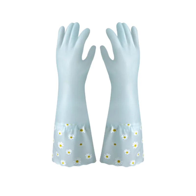 2 Set Home Glove Rubber Daisy style plus velvet to Keep warm Kitchen Brush Bowl latex Plastic Waterproof Cleaning Tools