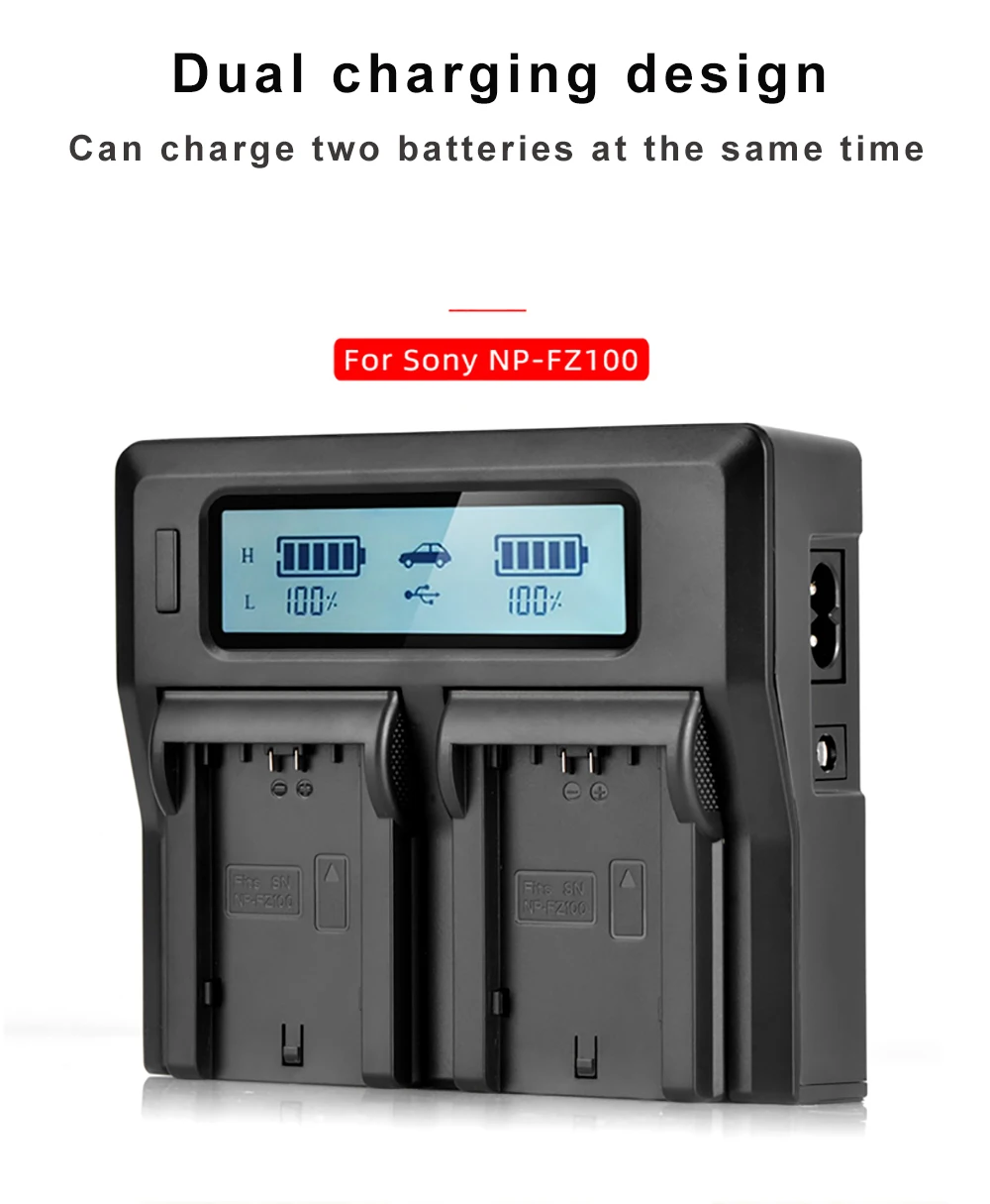 NP-FZ100 NP FZ100 NPFZ100 Battery Quick LCD Dual Charger + car charger for Sony Alpha 9R A9R 9S A9S A7RIII A7R3 7RM3 A7m3 BC-QZ1