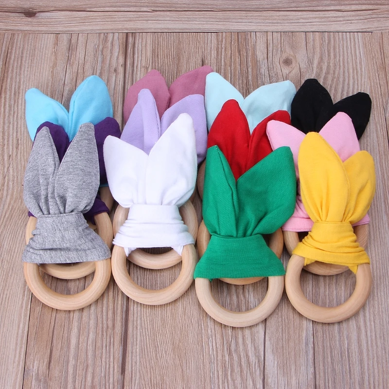 Bunny Ear Teether Fabric Wooden Teething Ring With Crinkle Material Shower Gift