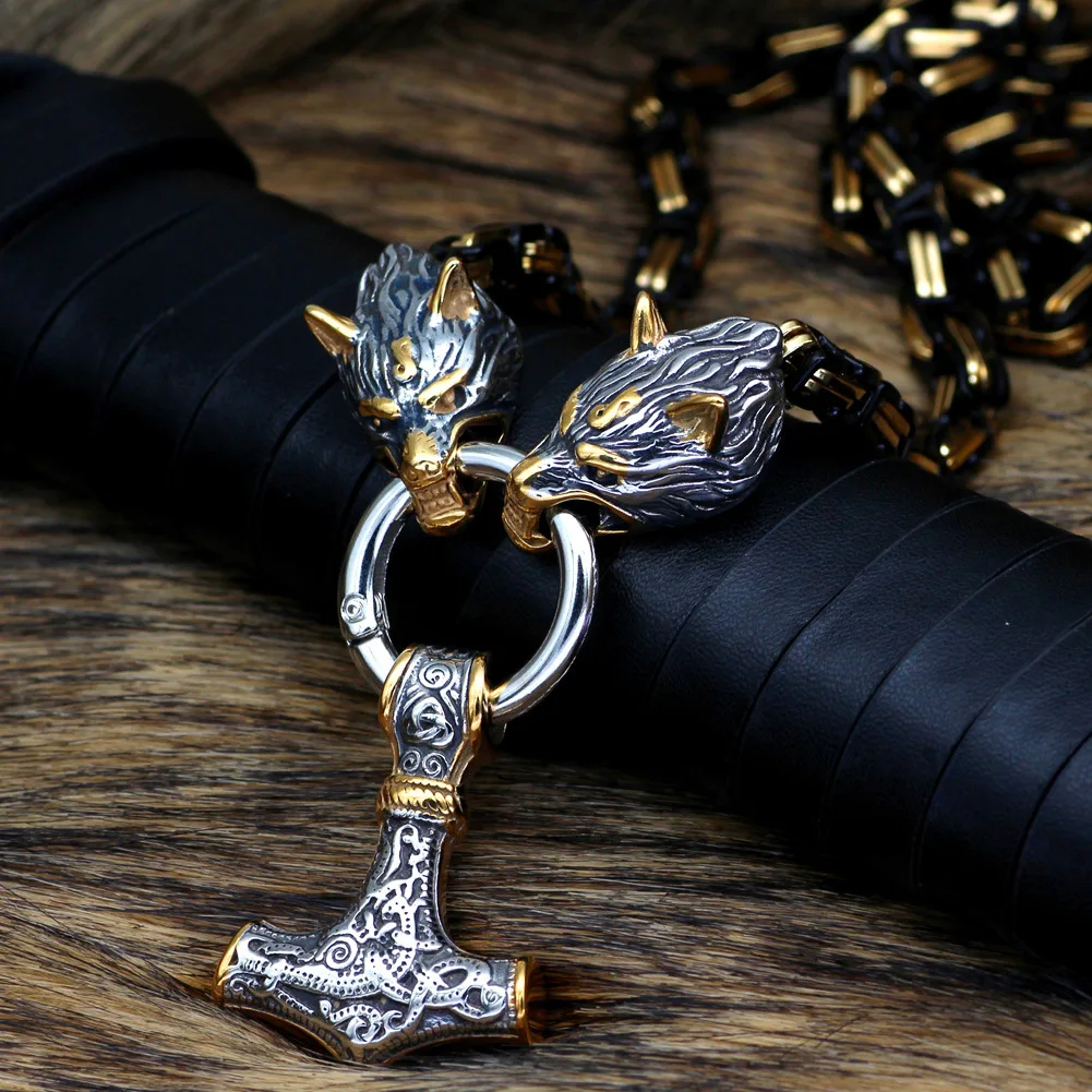 Punk Vintage Men King Chain Viking Wolf Necklace Hiphop Black Stainless Steel Amulet Hammer Norse Runes Anchor Pendant Jewelry