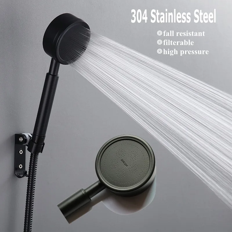 Stainless Steel Shower Head with High Pressure, Bathroom Filter, Wall Mounted, Water Saving, Rainfall, Hose Holder Set, Black