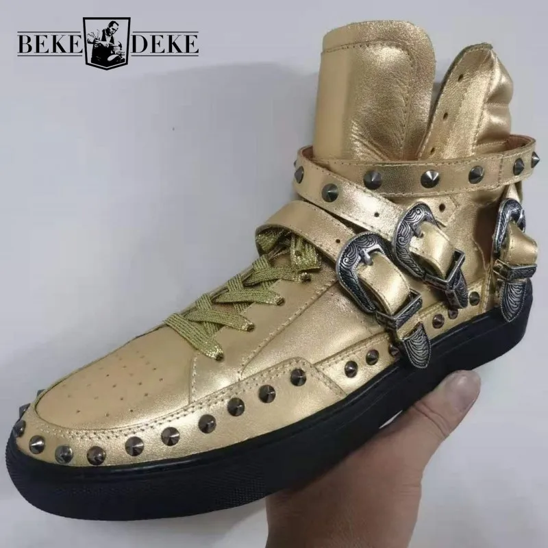 Men Real Leather High-Top Casual Shoes Lace Up Rivets Designer Gold Trainers Buckle Strap Breathable Outdoor Sneakers Male