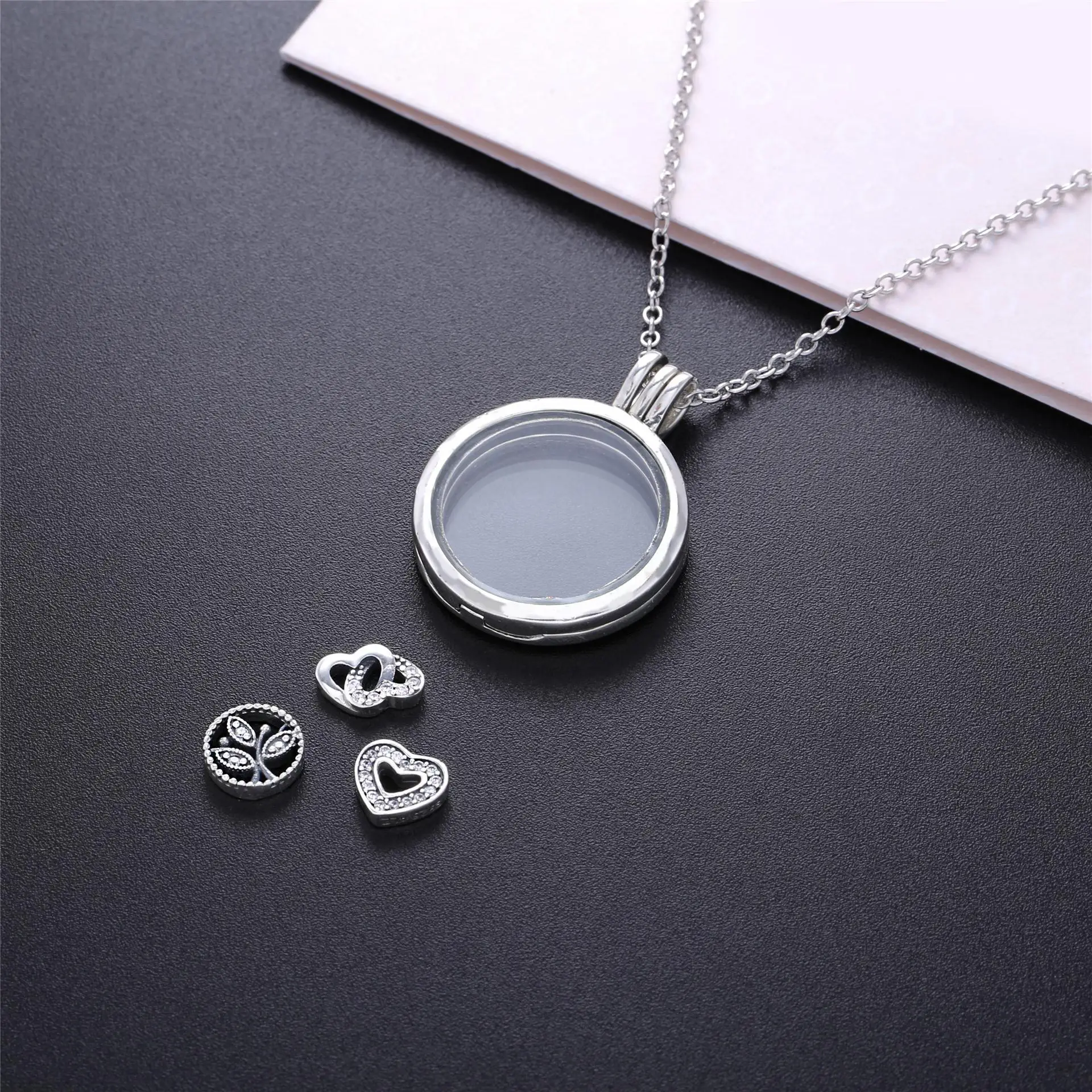 Original 925 Sterling Silver Floating Locket pandora Necklace With Clear Cubic Zirconia Glass For Women Gift DIY Jewelry