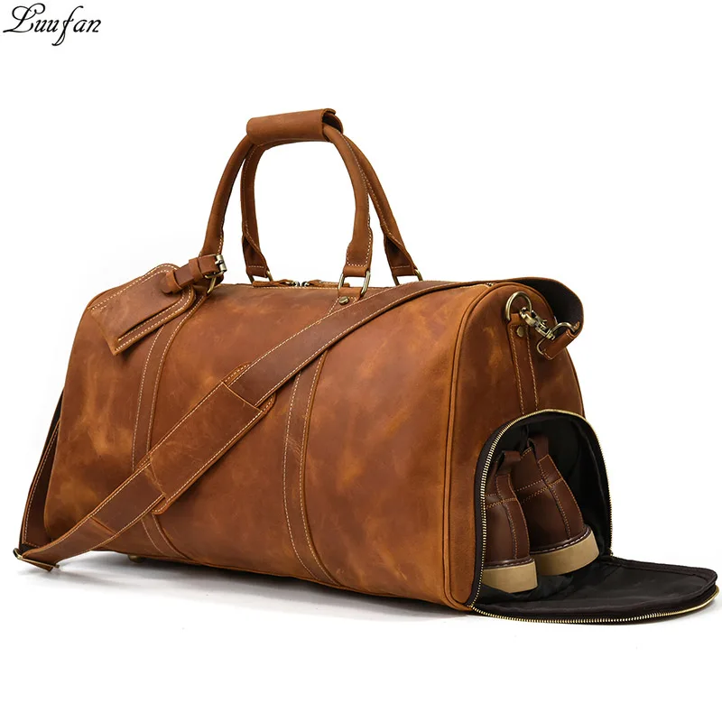 

Luufan Vintage Men's Travel Bag Crazy Horse Genuine Leather Big Travel Duffel With Shoe Pocket Cow Leather Luggage Weekend Bag