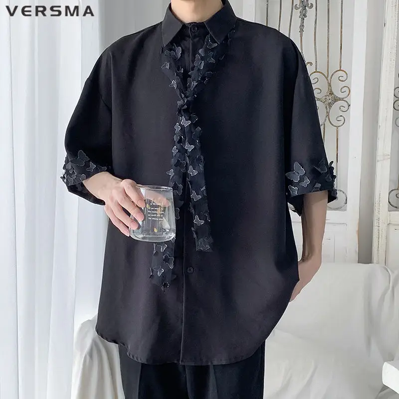 

VERSMA Korean Ulzzang Butterfly Decoration Tie Design Shirt Men Women Blouse Summer Thin Casual Social Shirts Male Dropshipping