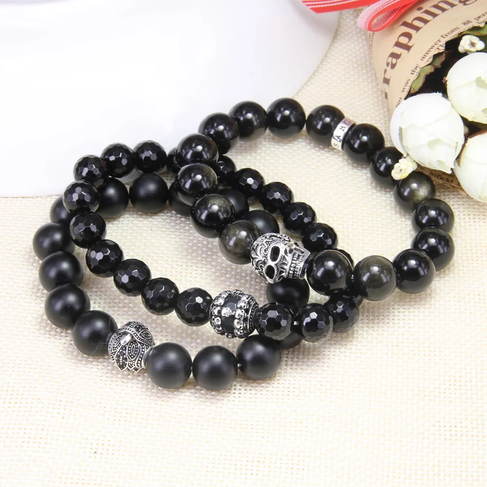 10MM TS Style BIG FACET BLACK OBSIDIAN BEAD AND SKULL BEADS BRACELET, Cool Rebel Heart Style Jewelry for Men Gift TS B266