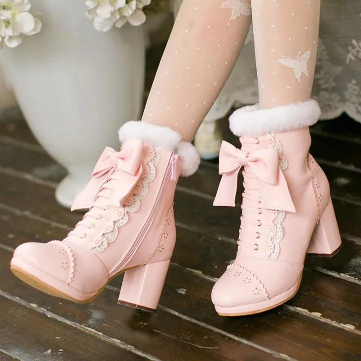 Winter ladies Japanese Sweet lolita shoes cosplay shoes women Plus velvet PU   Boots Princess  shoes
