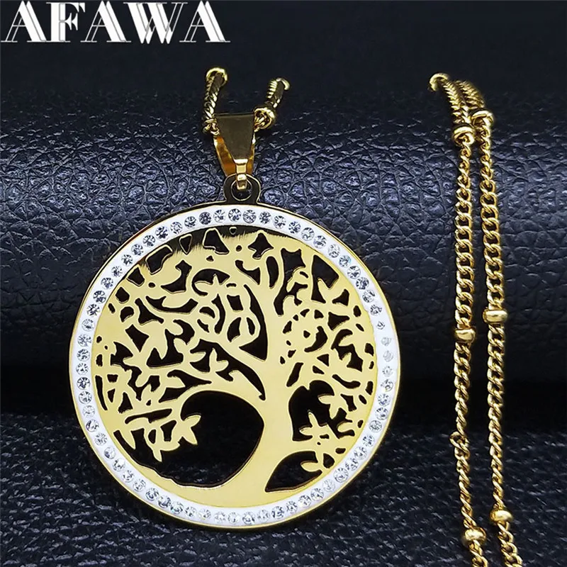Mode Baum des Lebens Edelstahl Halskette Gold Farbe Kristall Anhänger Halsketten Elegante Frauen Mädchen Schmuck Geschenke N76S01 – Detail 7