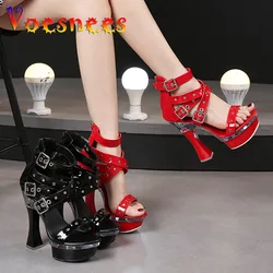 Voesnees Chic High Belt Buckle Sandals 14CM Women Zipper Wedding Shoes 2021 Summer Square Heel Platform Lady Party Models Shoes