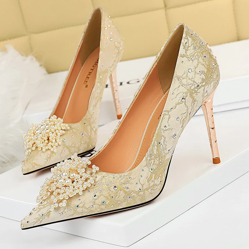 BIGTREE Shoes Pearl Flowers Woman Pumps Rhinestone High Heels 2023 New Luxurious Women Heels Stiletto Large Size Ladies Pumps