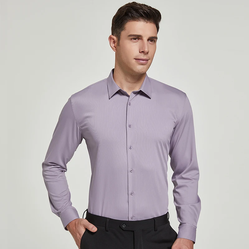 Camisas de vestir elásticas de fibra de bambú para hombre, camisas de manga larga sin bolsillo, de ajuste estándar, para negocios, trabajo y