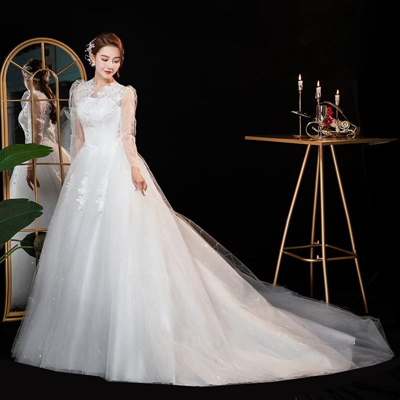 AnXin SH abito da sposa bianco in pizzo con fiore principessa vintage o collo abito da ballo scintillante illusione abito da sposa manica lunga sposa