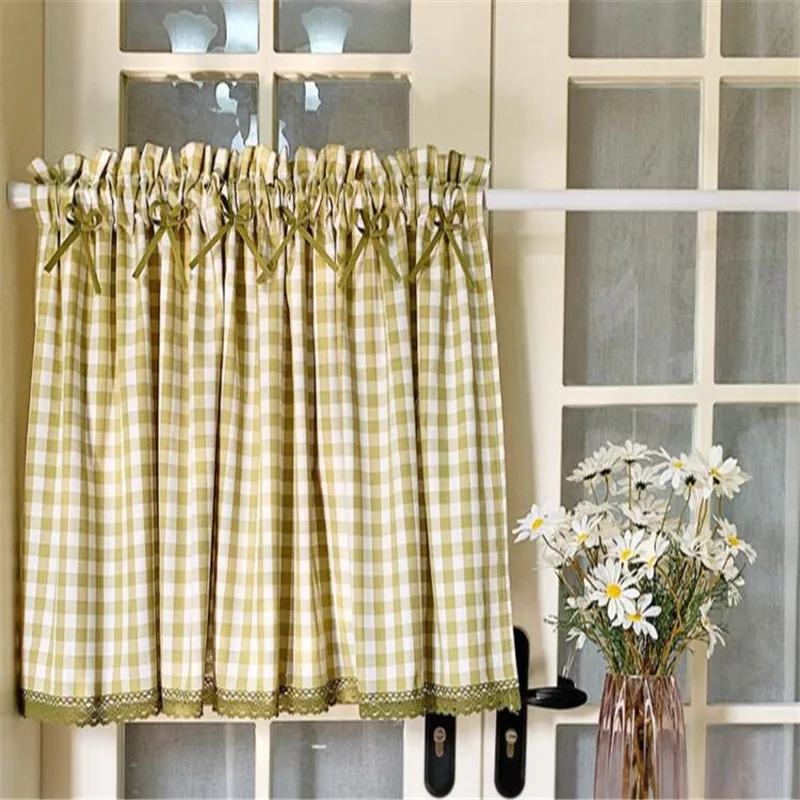 Free Shipping Quality Pastoral Green Plaid Curtain Lovely Bowknot Lace Coffee Shades Kitchen Short Small Blinds Drapes Purdanh