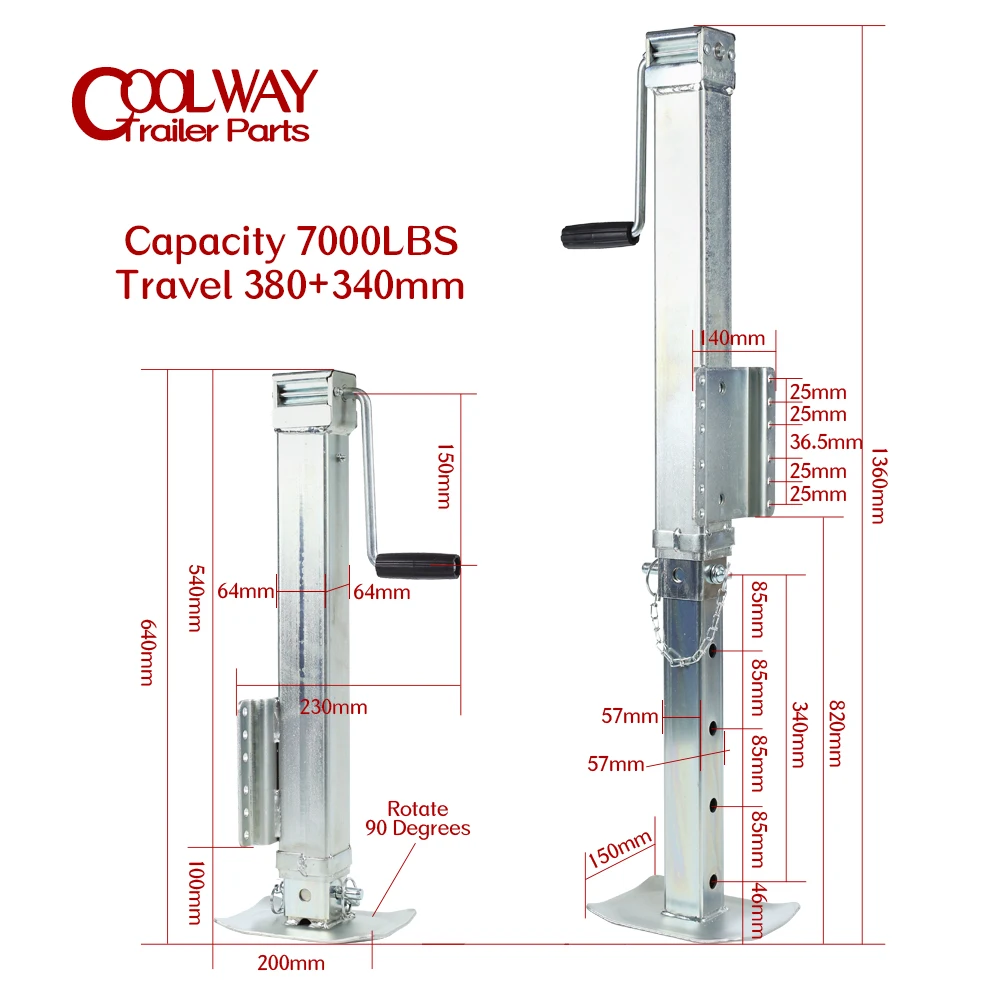 Heavy Duty Side Wind Square Trailer Jack With Footplate Zinc-Plated Bolt On Utility Boat Drop Leg Stands Corner Steady Parts