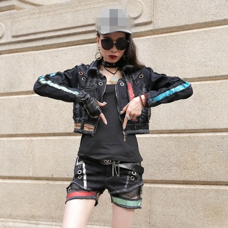 Gothic Punk Style Mesh Patchwork Women 3Pcs Outfits Top Quality Long Sleeve Slim Fit Short Jacket Coat Hole Ripped Hot Shorts