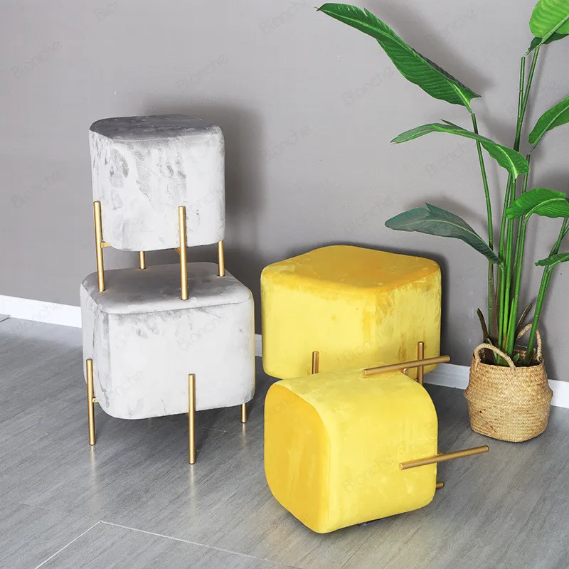 

Nordic Square Fabric Stool Gold Metal Small Stools Modern Footstool Shoes Store Bedroom Bench Dining Chairs Vanity Sofa Ottoman