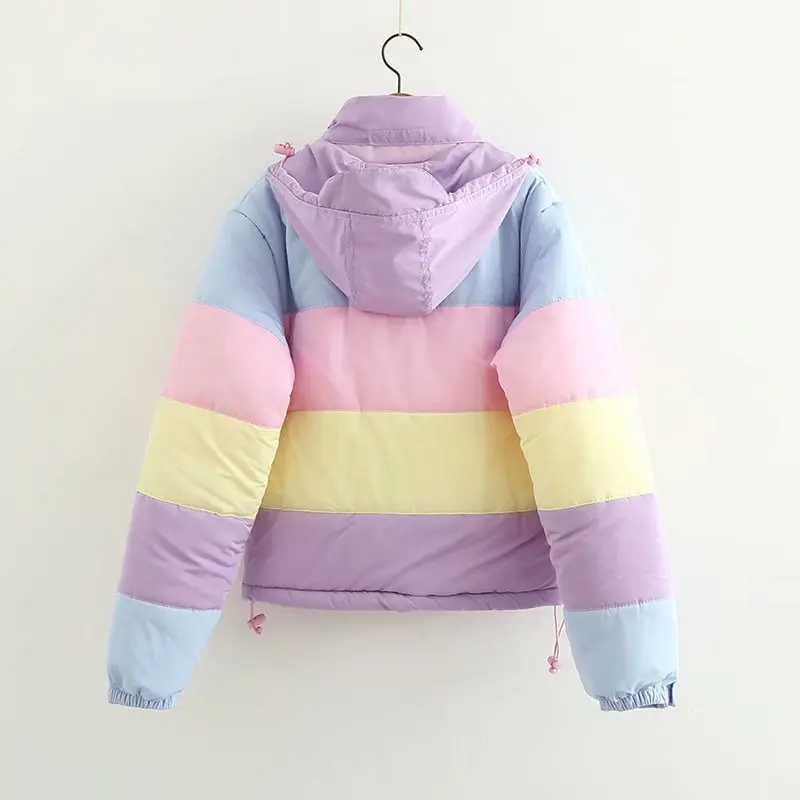 Winter Thicken Rainbow Contrast Women\'s Down Jacket Loose Padded Student Winter Coat Women Warm College Parka Female