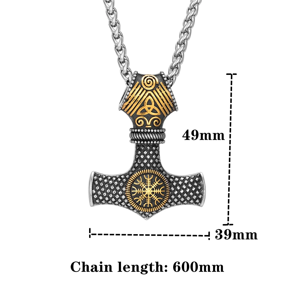 Norse Viking Thors Hammer Necklaces Double-sided Rune Triangle Compass Amulet Mens Stainless Steel Anchor Pendant Slavic Jewelry