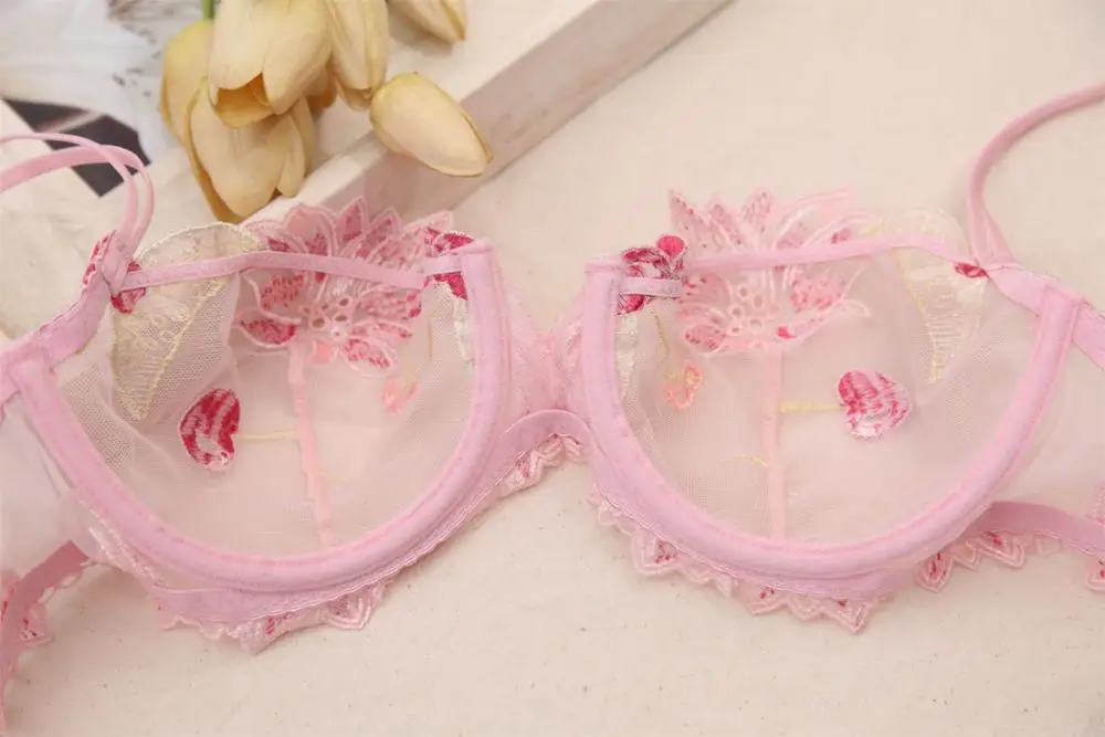 Womens Big Size Transparent Floral Embroidered Underwire Bra & Panty Lingerie Ultra-thin Bra Set 32 34 36 38 B C D