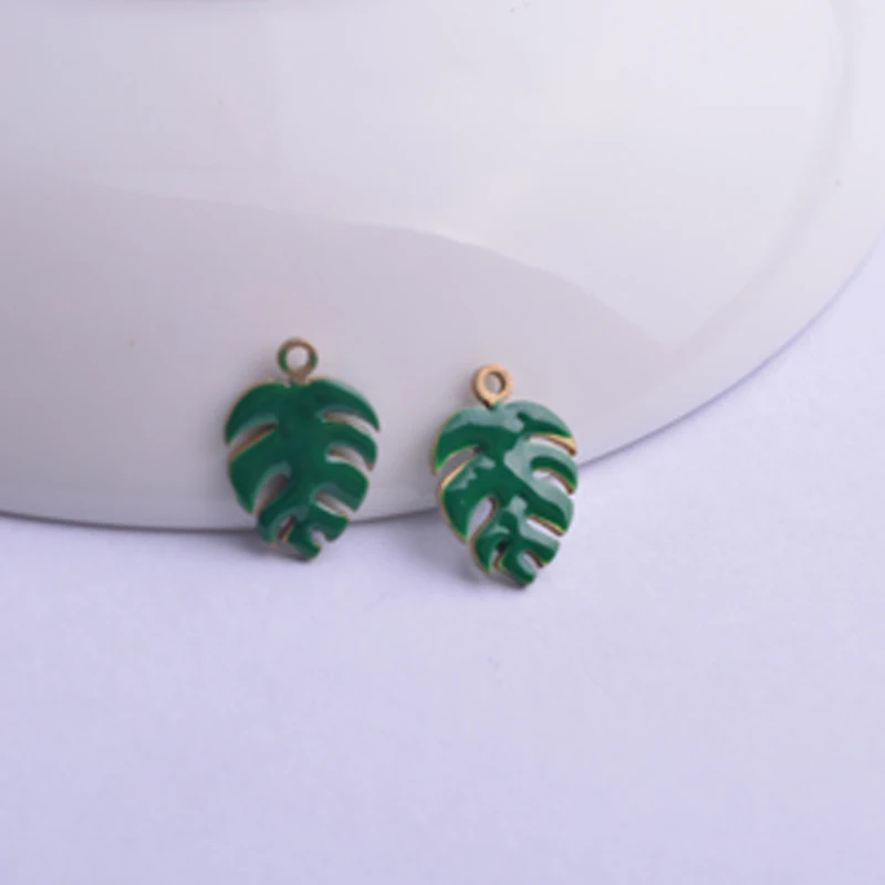 30pcs 9*13mm Both Faced Enamel Monstera Charms Copper Plant Leaf Pendant Diy Jewelry Making