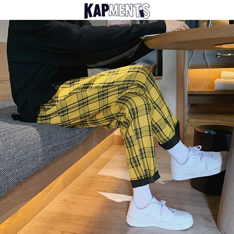 KAPMENTS Streetwear Yellow Plaid Pants Men Joggers 2023 Man Casual Straight Harem Pants Men Korean Hip Hop Track Pants Plus Size