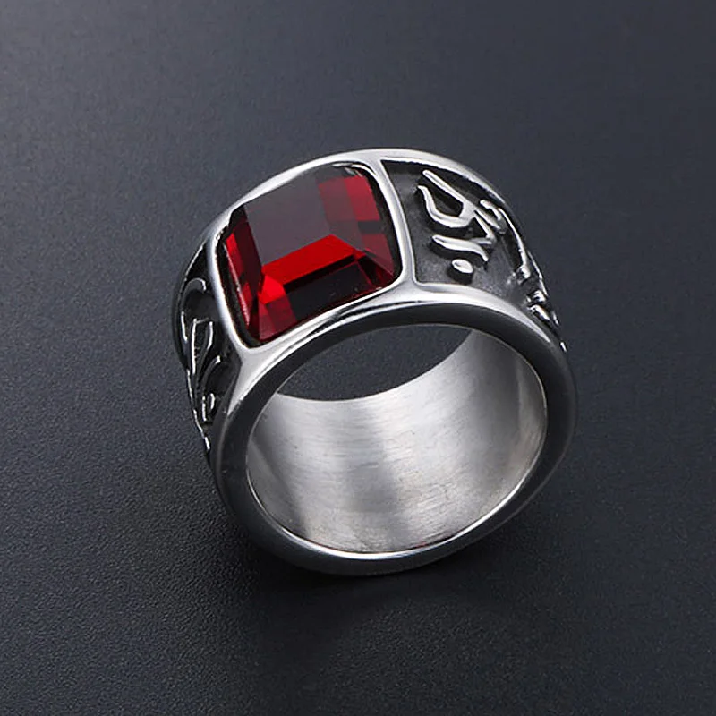 Vintage Men Six Words Mantra Red Stone Ring 316L Stainless Steel Biker Ring Om Mani Padme Hum Buddhist Jewelry Gifts For Him