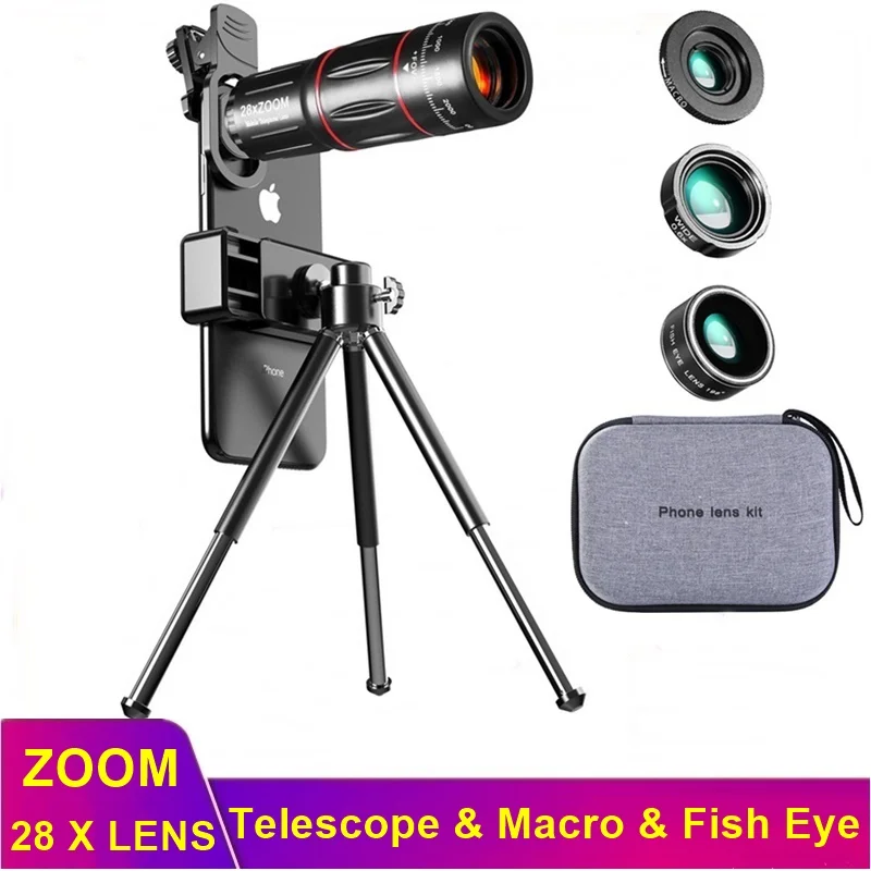 Tongdaytech 28X HD Mobile Phone Zoom Camera Lens Telescope Macro Lens for Iphone Samsung Smartphone Fish Eye Lente Para Celular