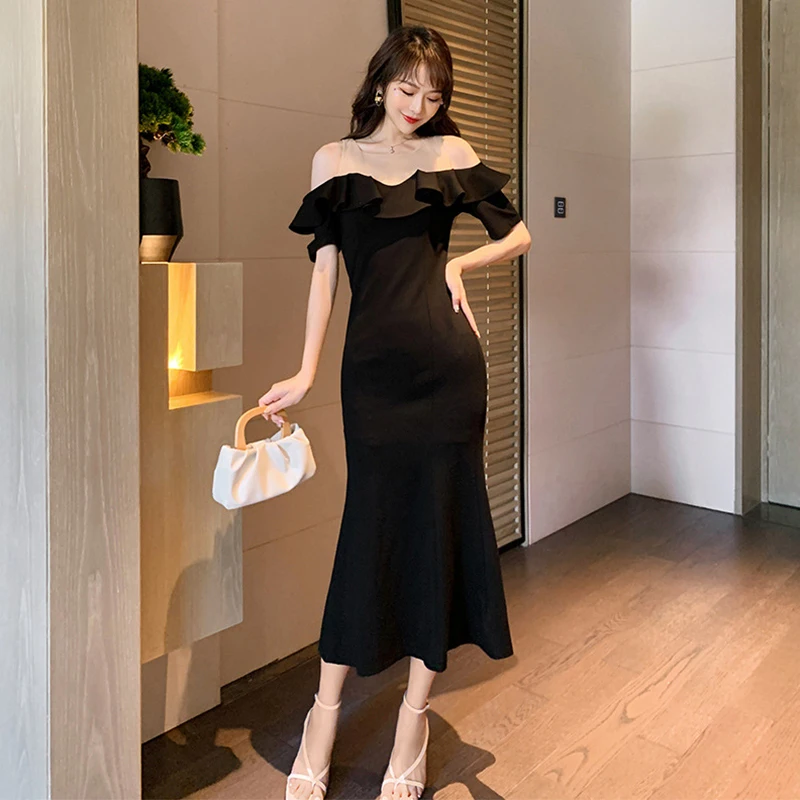 

French Style Vintage Elegant Short Sleevs Sexy Mesh Perspective Midi Party Dress Ladies Streetwear Robe Ruffle Femal Black Dress