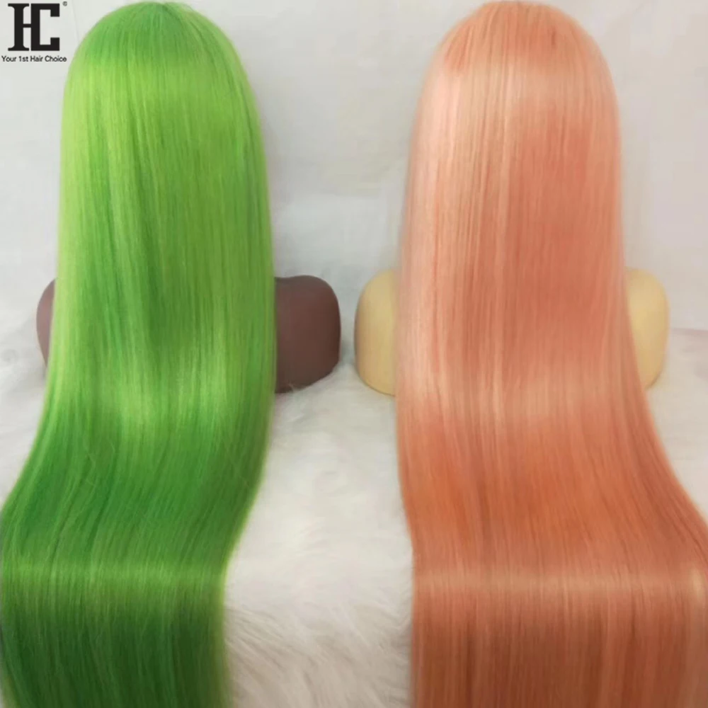 Perruque Lace Front Wig naturelle brésilienne, cheveux lisses, 13x4, pre-plucked, bleu, rose, gris, jaune, vert, 150% de densité