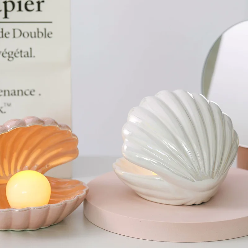 F2 Shell Pearl Desk Lamp Night Light Bedroom Decor Girl Gift Streamer Fairy Ceramic Shell for Girl Home Decoration Bedside Lamp