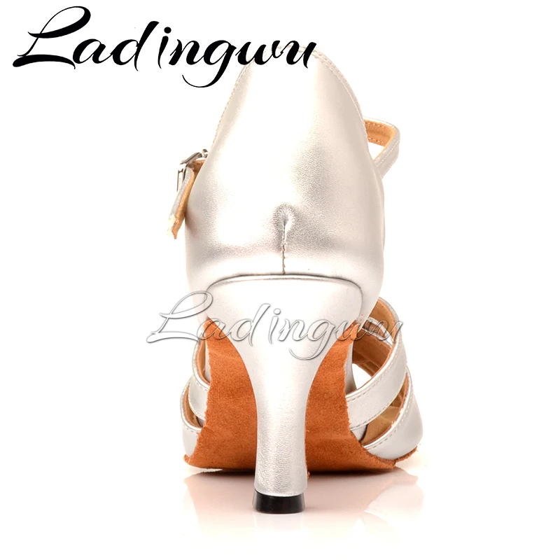 Ladingwu Women's Dance Shoes Soft Bottom Silver Leather Microfiber Samba Tango Ballroom Salsa Latin Dance Shoes Heel 6-10cm