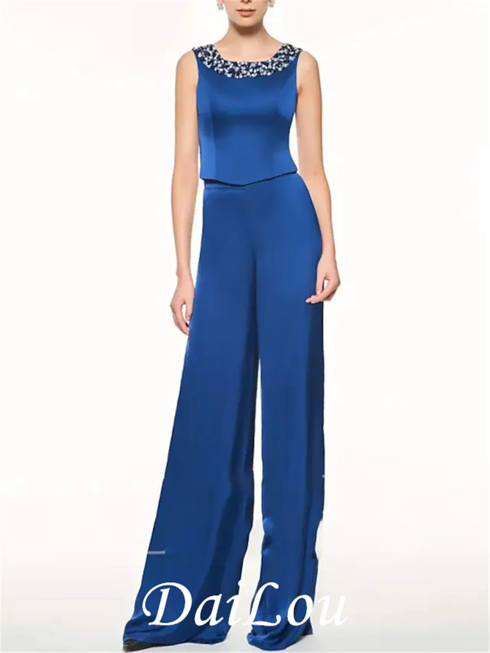 Pantsuit/macacão mãe da noiva vestido elegante jewel neck até o chão cetim chiffon manga longa com pregas miçangas 2021