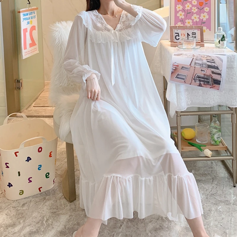 Romantic Nightgown Women Autumn Mesh Fairy Night Dress Victorian Peignoir Vintage Princess Sleepwear Lolita Nightie Nightdress