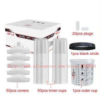 50pcs Paint Spray Gun Cup Lids and Liners Kit 160/400/600/800ml Disposable Measuring Cup Quick Connector Spray Gun Accessories