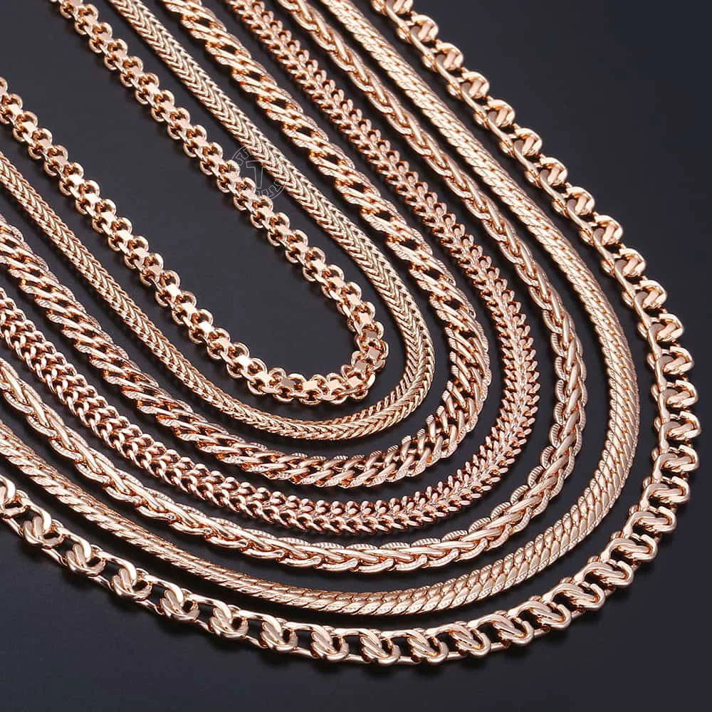 Davieslee Chain Necklace for Women Men 585 Rose Gold Color Necklace for Women Men Foxtail Hammered Bismark Chain 3-8mm DCNN1