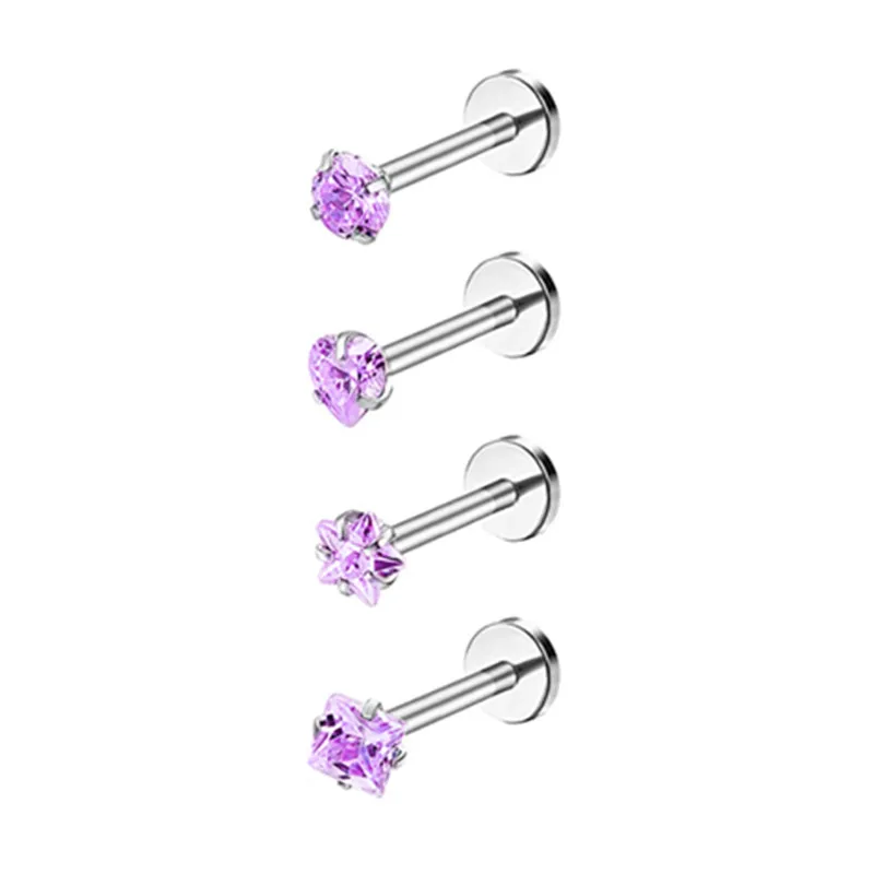 4PCS Heart Crystal Tragus Piercing Earring Set Flat Labret Piercing Set Lip Ring Lot Conch Cartilage Stud Helix Lobe Earring Set