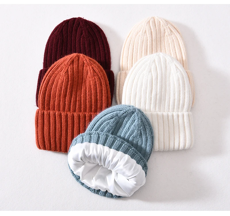 Winter-Seidensatin-gefütterte Beanie-Mütze für Damen und Herren, Unisex, dicke, klobige Mütze, gestreift, warm, weich, hochwertige Kaschmir-Strickmütze – Detail 14