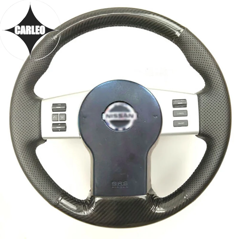 

DIY Car Steering Wheel Cover for Nissan Frontier Black Carbon Fiber&Genuine Perforated Leather Custom Hand Stitching Holder