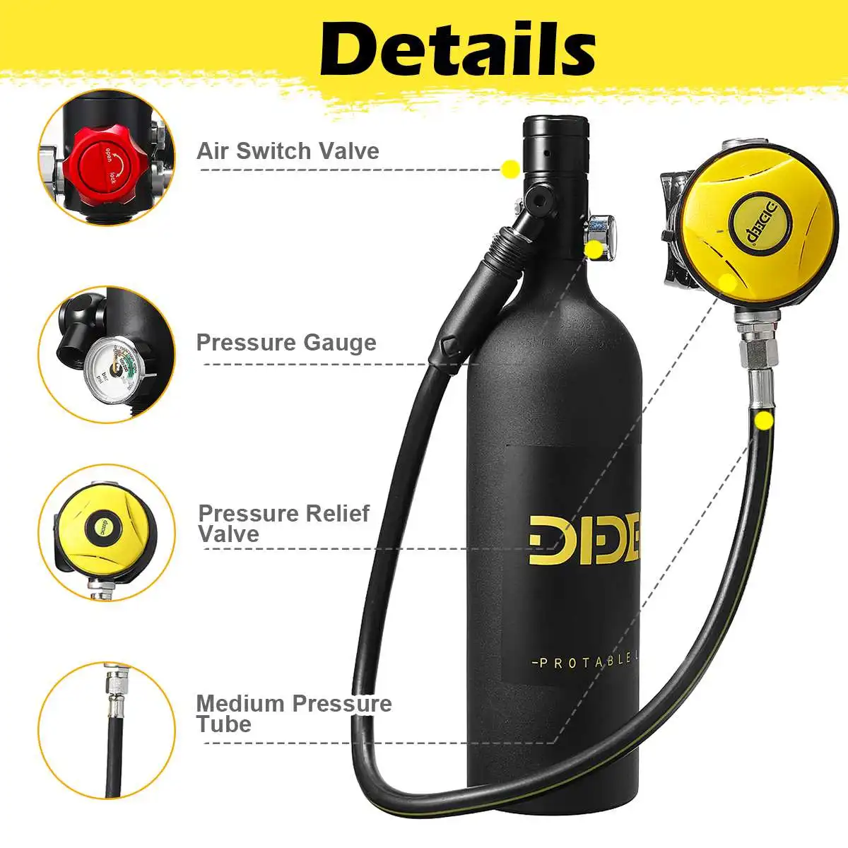 DIDEEP 1L Scuba Diving Tank Portable Oxygen Cylinder Dive Respirator Air Tank Breathing Valve Underwater Breathing Equipment