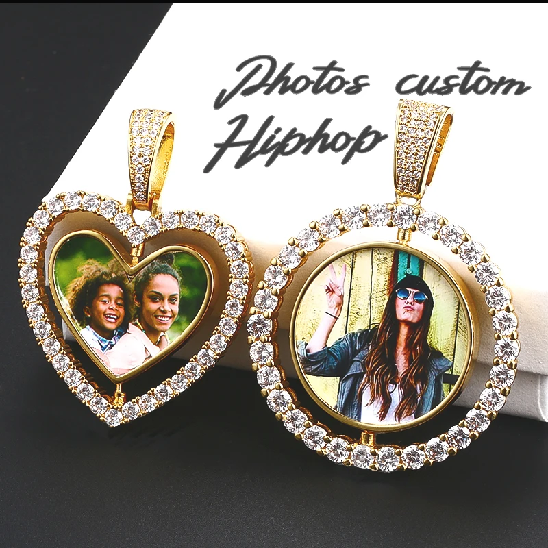 Double-Sided Custom Heart Pendant Necklace Men's Hip Hop Jewelry Iced Out Bling Zirconia Pendant Custom Photo Memory Medallions