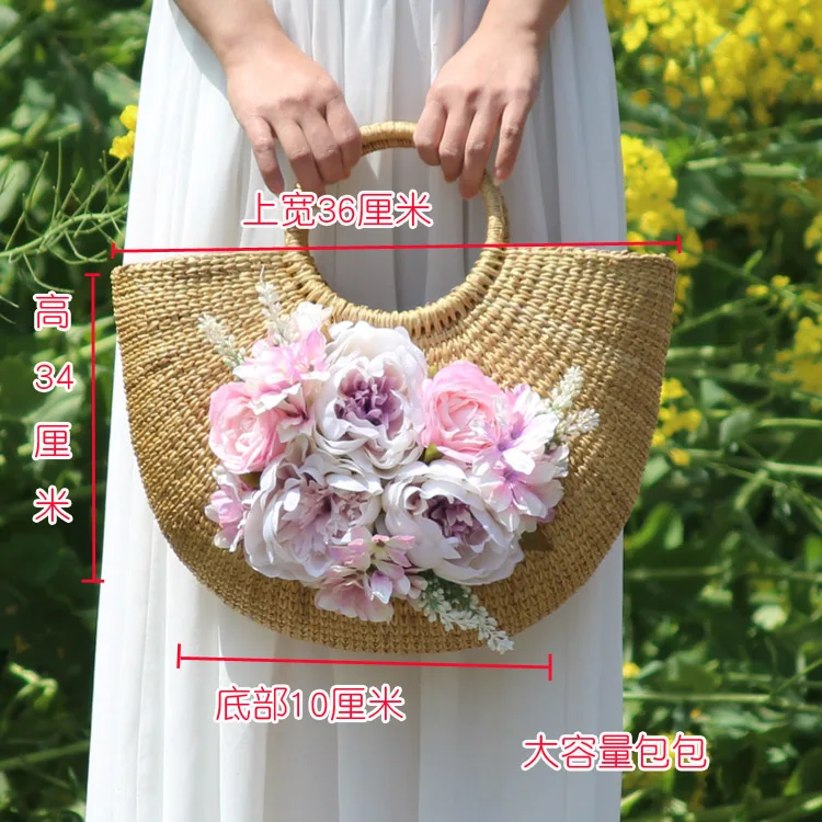 Sac de plage en rotin pour femme, ensemble de chapeau de vacances, sac à main fourre-tout en paille, tissage de fleurs artificielles multicolores,