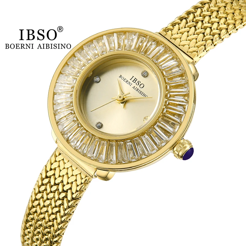 IBSO Gold Luxury Mesh Women Watches Zircon Shiny Stainless Steel Strap Elegant Women Wristwatches 3Bar Waterproof Birthday Gift