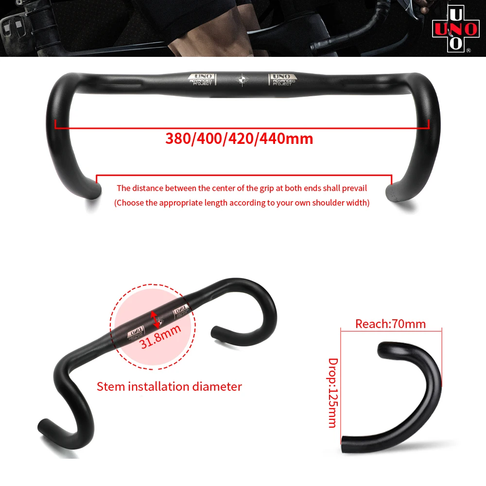 UNO Ultralight Road Bike Handlebar Bike Stem Set Handlebar 31.8 380/400/420/440mm Road Bike Parts 7 Degree Bicycle Stem 31.8mm