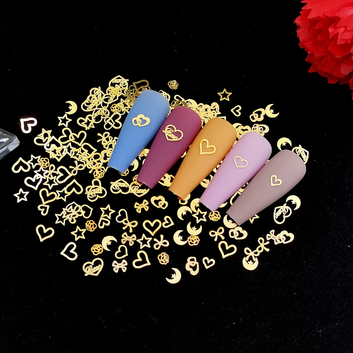 1 Box Gold Heart Metallic Nail Decals Ultra-thin Flakes Butterfly Metal Nail Studs Slices Nail Charms DIY 3D Nail Decorations