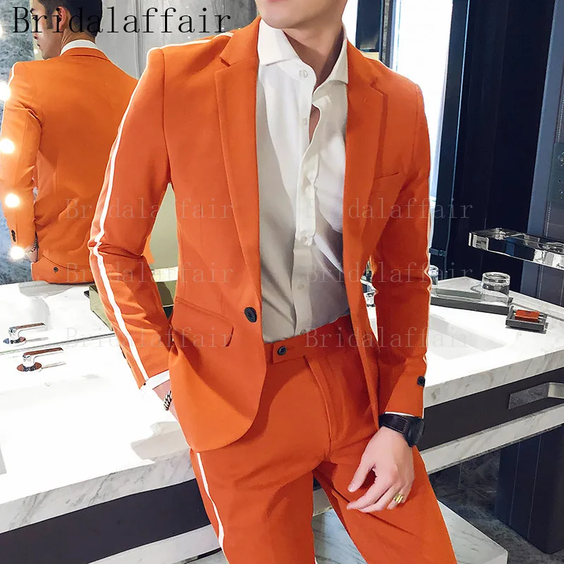 

Bridalaffair Side with Trim Groom Suits Fashion Summer Wedding Groomsmen Party Tuxedos Slim Blazer Pants set Orange Blue Green