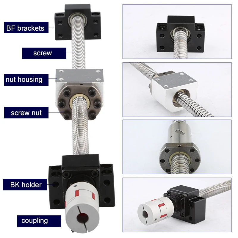 1610 Set: 600 650 700 750 800 1000mm Rolling Screw C7, With Machined End + Ball Nut + Nut Shell + BKBF12 End Support + Coupler