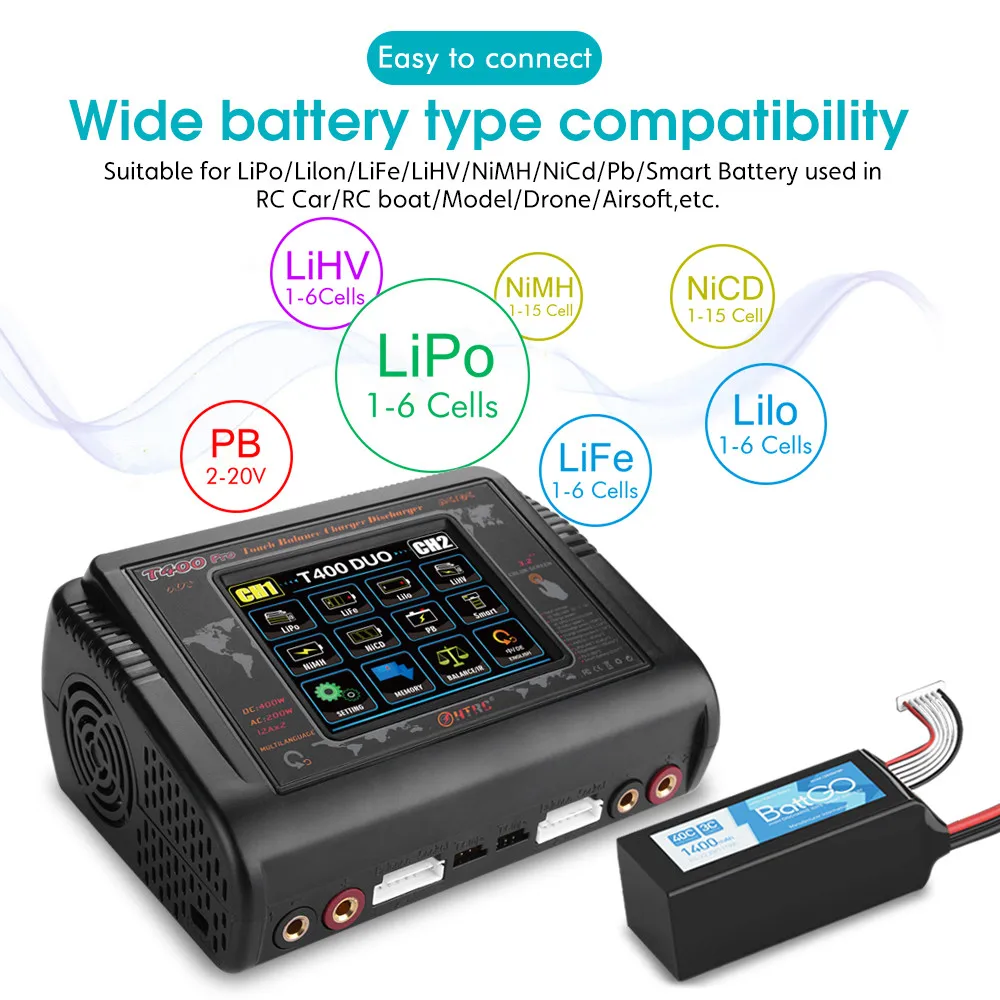 HTRC T400 Pro Lipo Battery Charger DC 400W AC 200W 12Ax2 RC Charger Discharger For LiHV LiFe Li-lon NiCd NiMh Pb LiPo Batteri