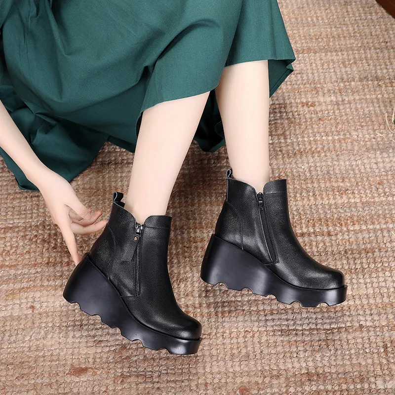 Xiuteng  Short Boots Female National Style Retro Women\'s Boots 2022 Winter New Leather Boots Wedge With Thick Sole Flat Shoe